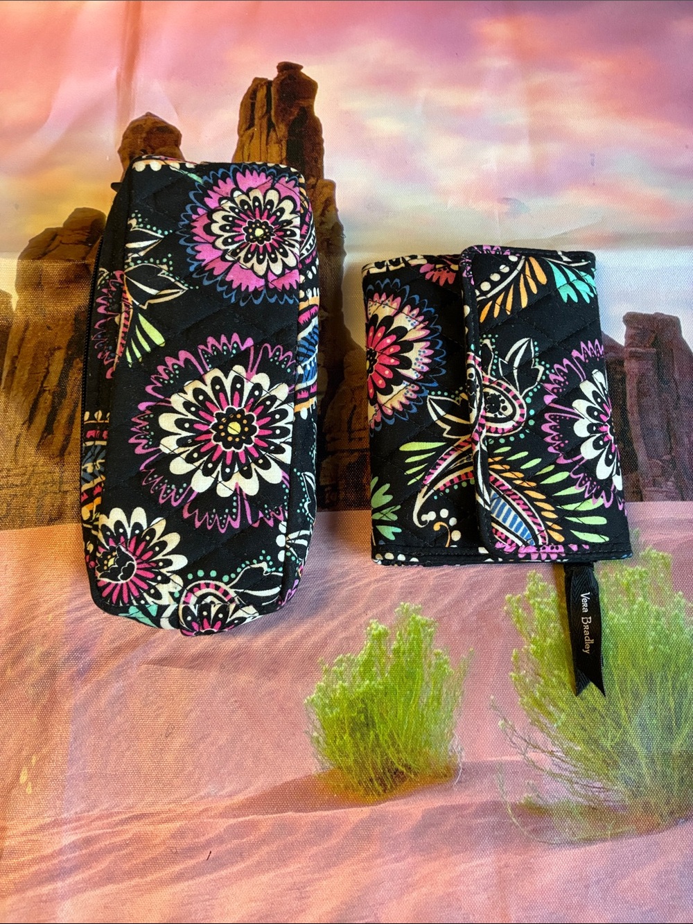Vera Bradley Black Floral Quilted Case & Wallet Set.